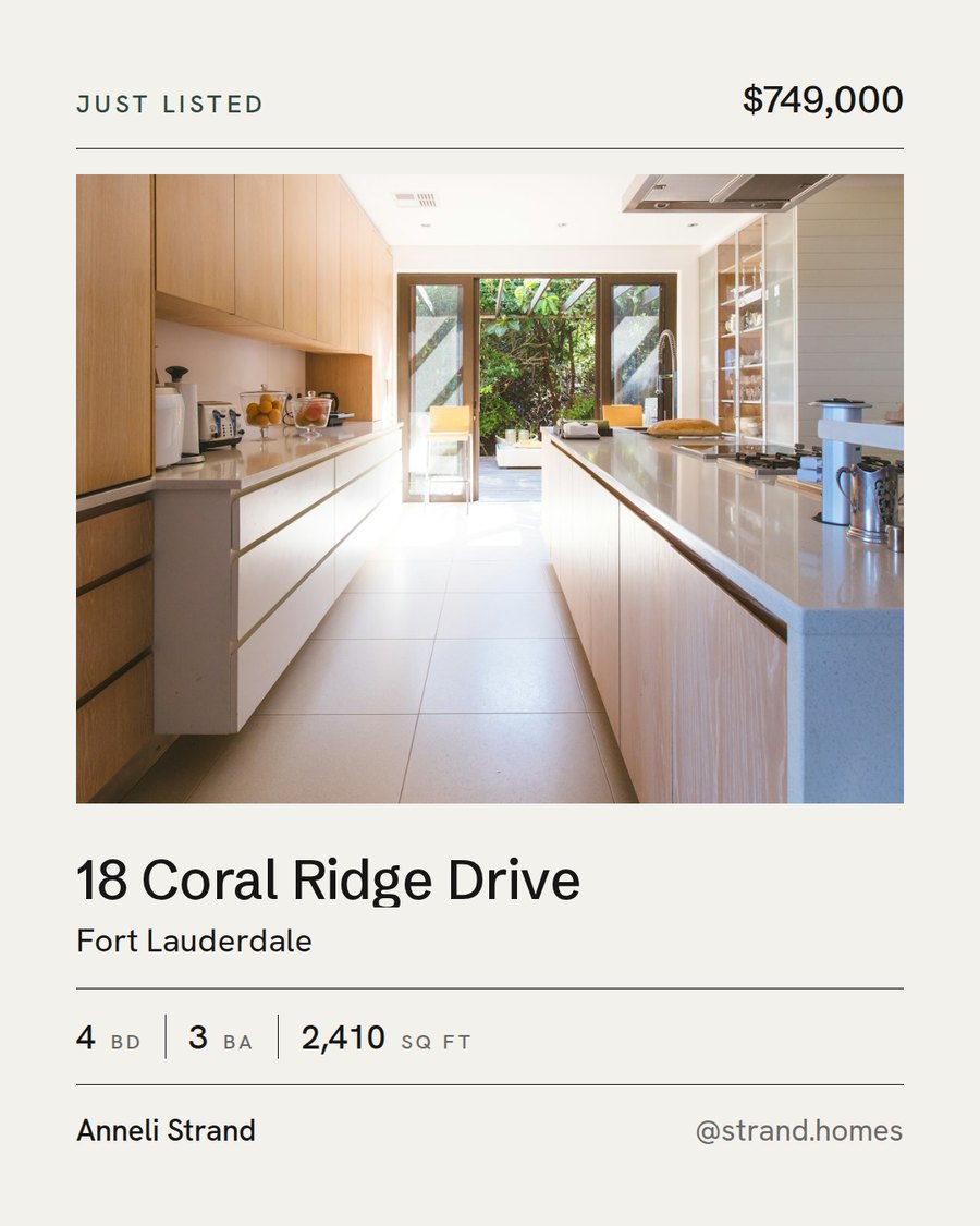 A single post: photograph, address, specs, set on the agent's own paper